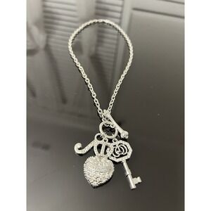 Beautiful Silver Tone Multi Charm Necklace Pave Rhinestone Heart Crown